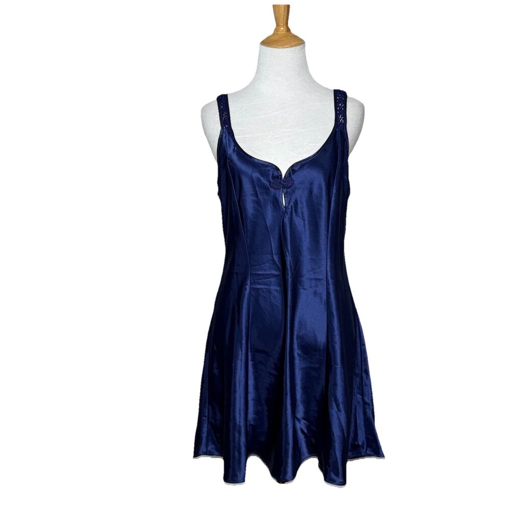 VTG Inner Most Lingerie Slip Dress Nightgown Lace Trim Satin Navy Blue Mini Med